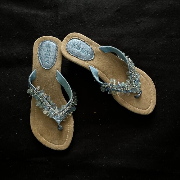 ESNY Deep Celestial Blue Beaded Flip Flop Sandals w/’Cork’ Heel Size 8* - Picture 2 of 7